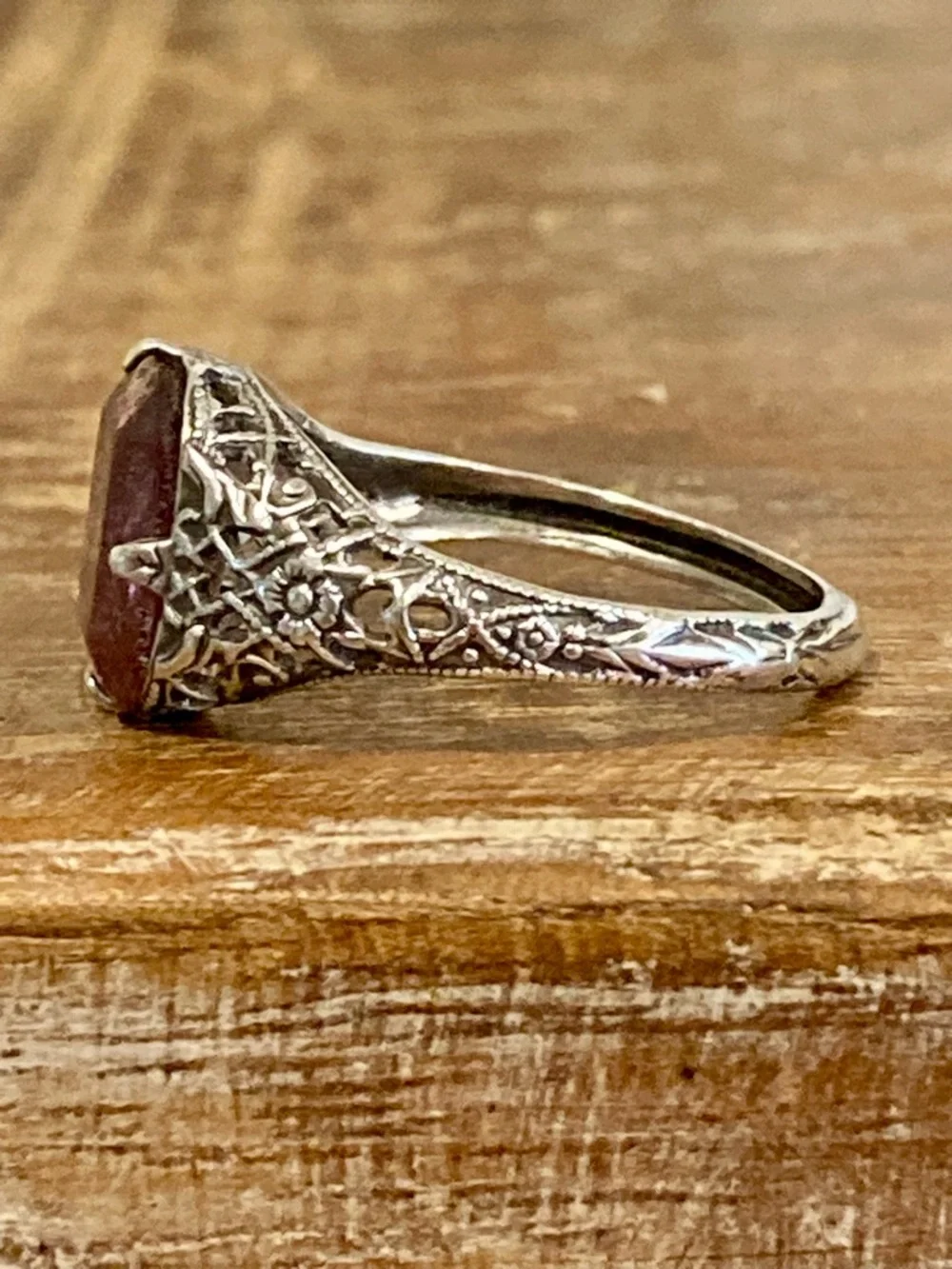 Sterling Silver Filigree Ring with Purple Stone - Size 7